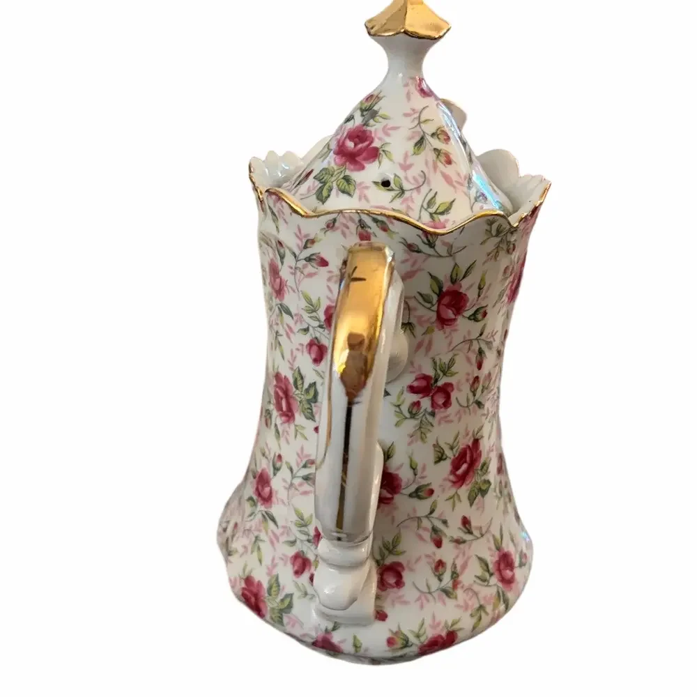 Lefton Rose chintz Bone China Coffee Pot hand painted  original sticker 660R